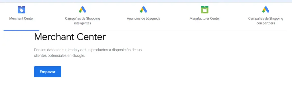 Inicio Merchant Center