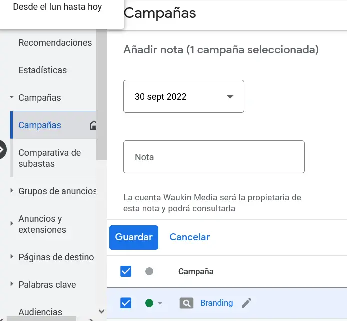 Crear nota a nivel de campaña en Google Ads (464)